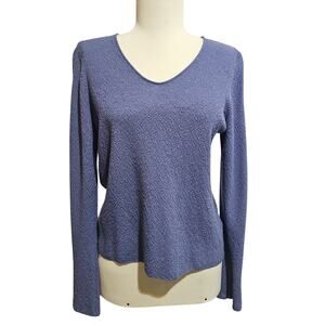 Eileen Fisher Wool Knit Top Womens Petite Small Blue V-Neck Long Sleeve